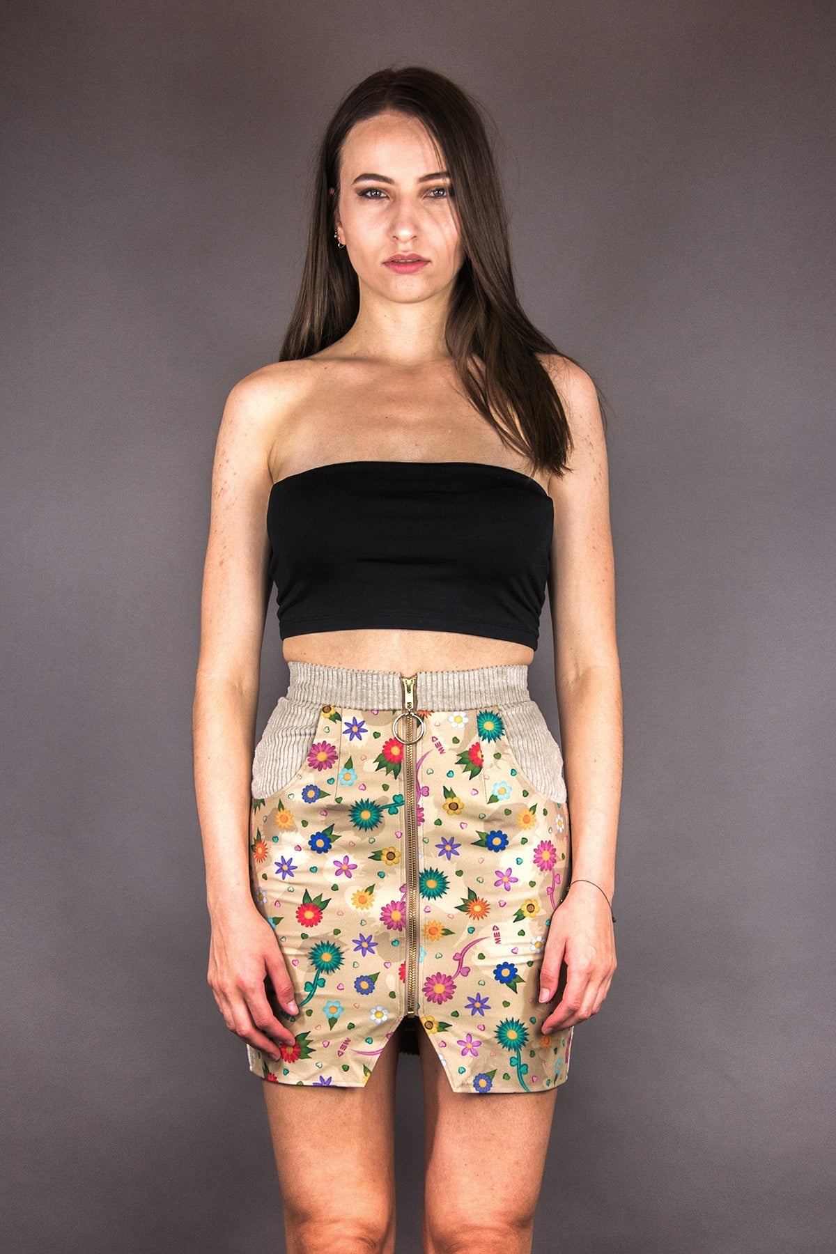 Mini - Rock mit Schlitz "FLOWERS" - beige - Manuel Essl Design