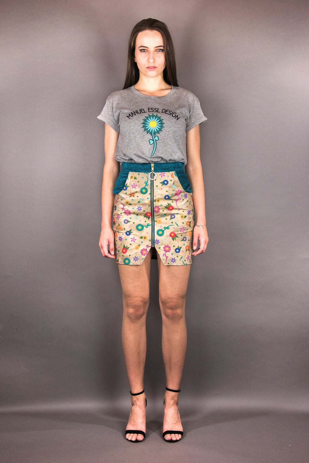 Mini - Rock mit Schlitz "FLOWERS" - petrol - Manuel Essl Design