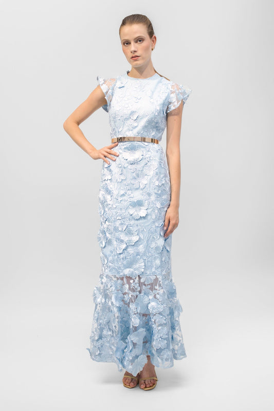 Abend - Kleid mit Volants "ELIXIR" - eisblau - Manuel Essl Design
