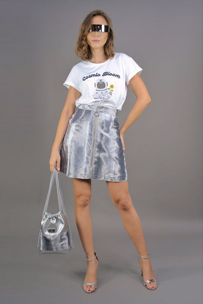 Ausgestellter Rock aus Samt "COSMIC BLOOM" - silber - Manuel Essl Design