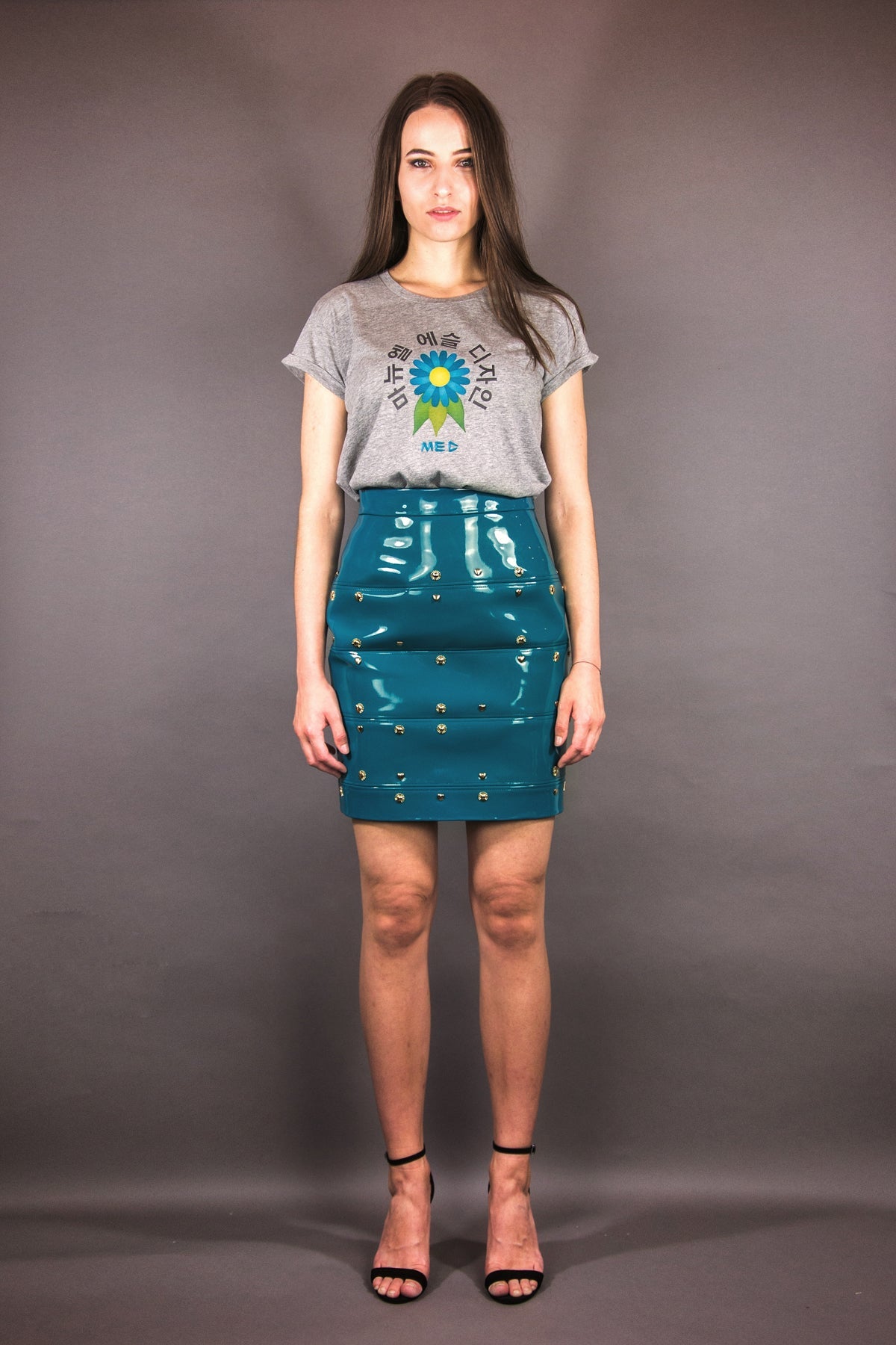 Bahnen - Rock aus Lackleder - Imitat "FLOWERS" - petrol - Manuel Essl Design