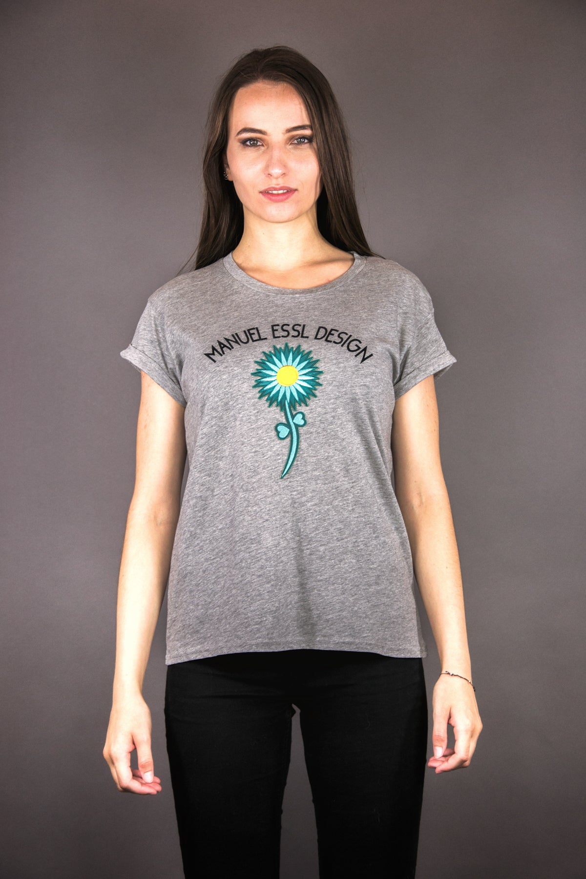 T-Shirt „FLOWER POWER“ – grau/petrol - Manuel Essl Design