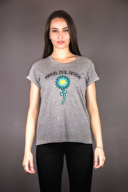 T-Shirt „FLOWER POWER“ – grau/petrol - Manuel Essl Design